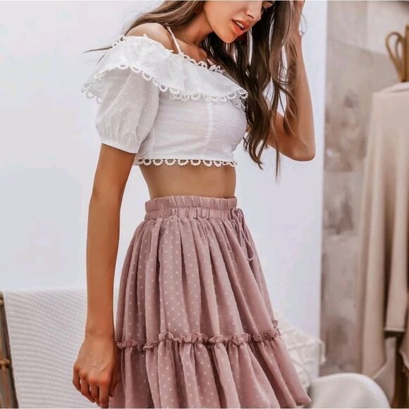 Simplee Drawstring Waist Swiss Dot Frill Trim Skirt - Picture 5 of 6